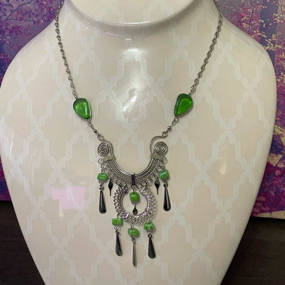 Ornate Green and Silver Necklace with Crystal Centerpiece * Handmade in Thailand